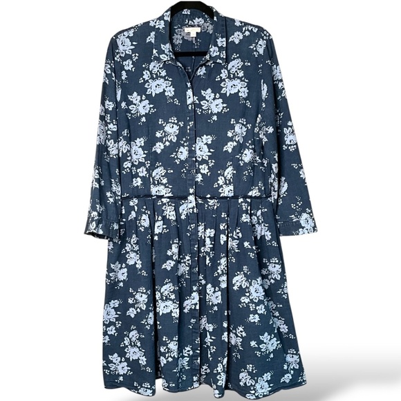 GAP 100% Cotton Floral Chambray Button Front Shirt Dress 3/4 Sleeves Pockets L - Picture 4 of 12